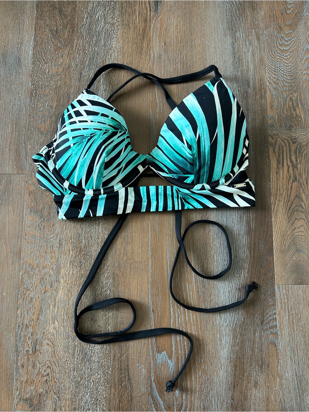 PINK Victoria's Secret Black and Teal Leaf-Print Bikini Top